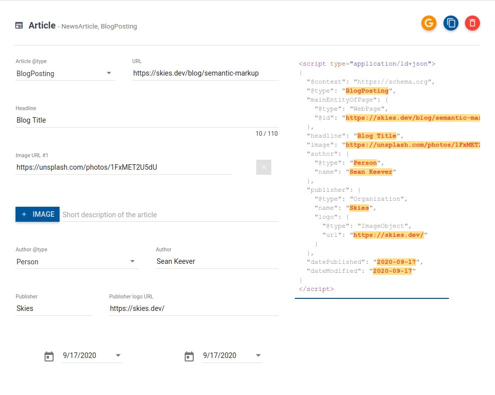 Filled out the form for all the schema's fields.