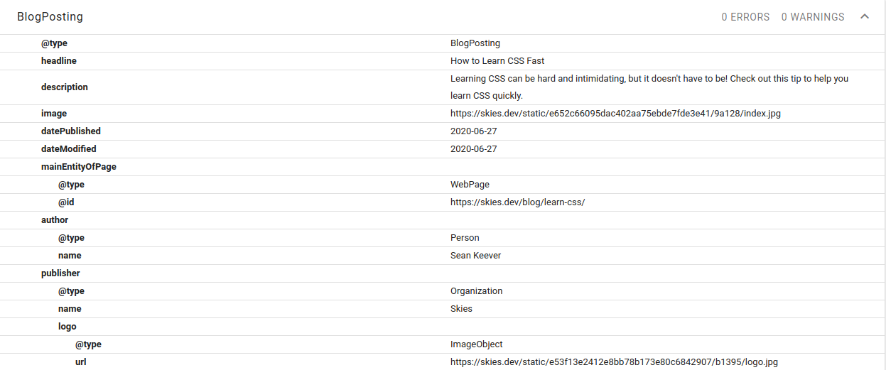 Results of using Google's Structured Data Testing Tool.